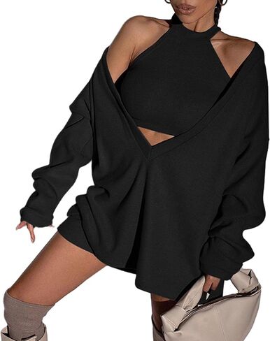 sexyshine المرأة قطعتين وتتسابق محبوك الرسن الرقبة قطع علوية بدون أكمام المتضخم قبالة الكتف العميق الخامس الرقبة البلوز سترة in Saudi Arabia