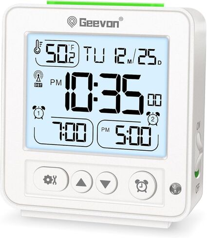 Geevon Small Digital Alarm Clock for Heavy Sleepers, Portable Travel Atomic Clock with Battery Powered, Compact Desk Table Clock with Auto Light Night, Dual Alarms, 8s Backlight for Bedroom, Black in Kuwait