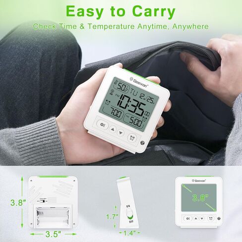 Geevon Small Digital Alarm Clock for Heavy Sleepers, Portable Travel Atomic Clock with Battery Powered, Compact Desk Table Clock with Auto Light Night, Dual Alarms, 8s Backlight for Bedroom, Black in Kuwait