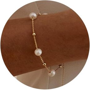 Pearl Gold Bracelets for Women Non Tarnish -14k Real Gold Plated Charm Beaded Bracelets White Brides Bridesmaid Wedding Dainty Pearl Bracelet Gold Jewelry for Women Accesory Birthday Gifts in Saudi Arabia