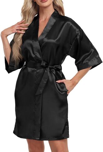 Women's Short Robe Silky Satin Pure Color Bathrobe Bridesmaid Bride Party Kimono V-Neck Sleepwear with Pockets in Saudi Arabia