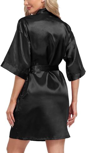 Women's Short Robe Silky Satin Pure Color Bathrobe Bridesmaid Bride Party Kimono V-Neck Sleepwear with Pockets in Saudi Arabia