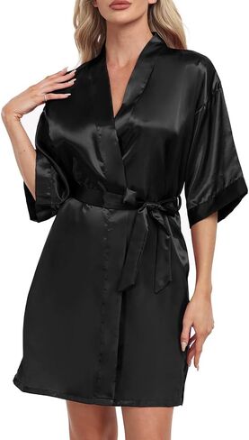Women's Short Robe Silky Satin Pure Color Bathrobe Bridesmaid Bride Party Kimono V-Neck Sleepwear with Pockets in Saudi Arabia