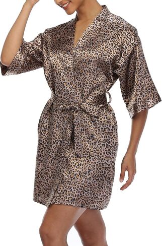 Women's Short Robe Silky Satin Pure Color Bathrobe Bridesmaid Bride Party Kimono V-Neck Sleepwear with Pockets in Saudi Arabia