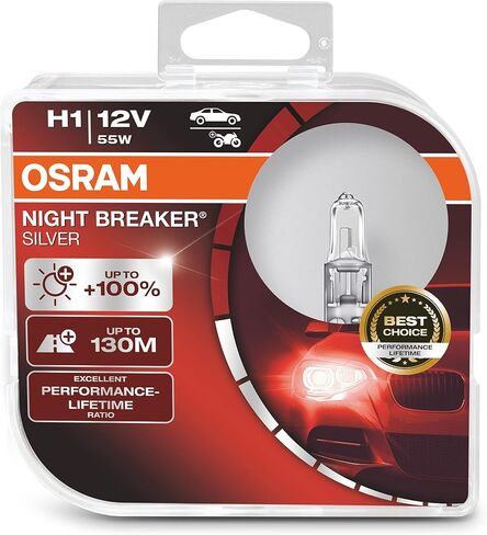 OSRAM NIGHT BRECER SILVER H4، + 100٪ سطوع أكثر، مصباح أمامي هالوجين، 64193NBS-HCB، 12 فولت، سيارة ركاب، صندوق مزدوج (مصباحان) in Kuwait