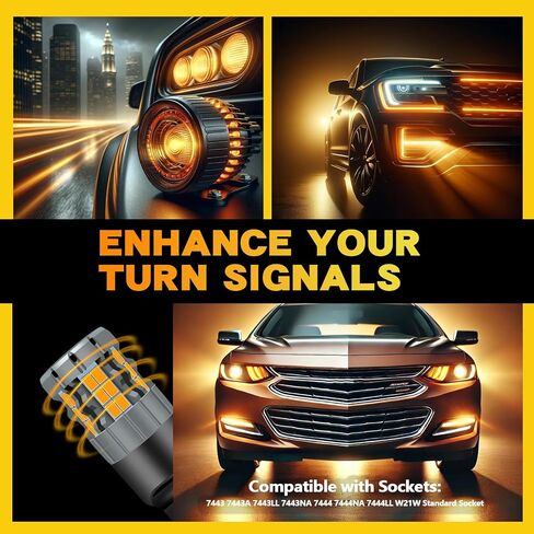 مصابيح إشارة الانعطاف LED 7443 متوافقة مع سيارة Chevy Impala 2014-2020 (أمامية/خلفية)، لمبة 7444، أصفر كهرماني، التوصيل والتشغيل، عبوة من قطعتين in Kuwait