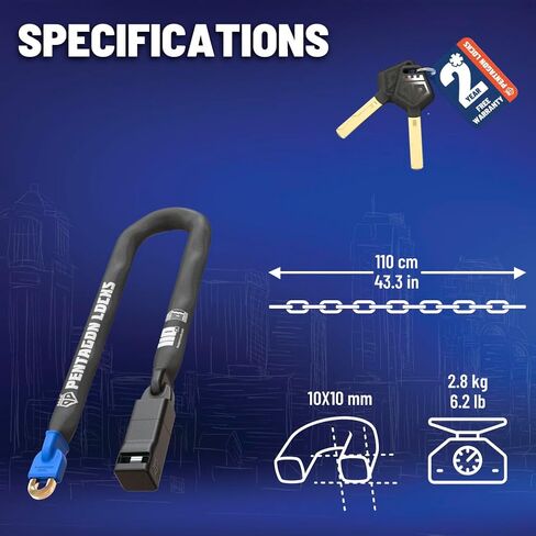 PENTAGON Bike Chain Key Lock - Magnetic Patented Gold Secure Heavy Duty Anti Theft Lock for Bicycles E-Bikes Scooters and Motorcycles - Maximum Security Master Tool Bike Protector (55.1'') in Kuwait