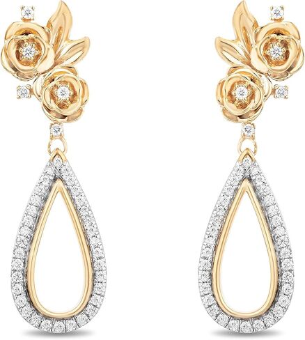 Jewelili Enchanted Disney Fine Jewelry 14K Yellow Gold Over Sterling Silver 1/4 Cttw Natural White Round Diamond Belle Dangle Earrings in Saudi Arabia