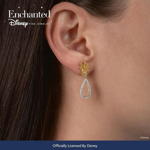 Jewelili Enchanted Disney Fine Jewelry 14K Yellow Gold Over Sterling Silver 1/4 Cttw Natural White Round Diamond Belle Dangle Earrings in Saudi Arabia