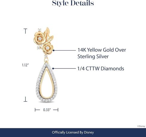 Jewelili Enchanted Disney Fine Jewelry 14K Yellow Gold Over Sterling Silver 1/4 Cttw Natural White Round Diamond Belle Dangle Earrings in Saudi Arabia