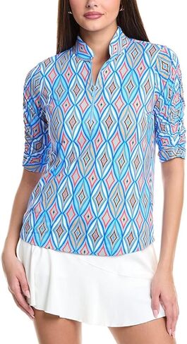 IBKUL Athleisure Wear Sun Protective UPF 50+ Icefil Cooling Romina Print Ruched Elbow Sleeve Top - 41931 in Kuwait
