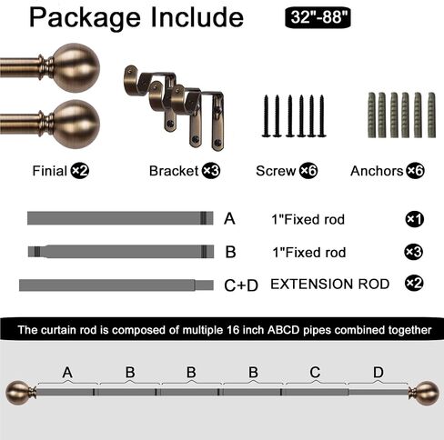 Brass Curtain Rods for Windows 18 to 88 inches, 1 Inch Modern Metal Drapery Rods, Adjustable Heavy Duty Curtain Pole with Round Finials(18"-88" Antique Brass) in Saudi Arabia