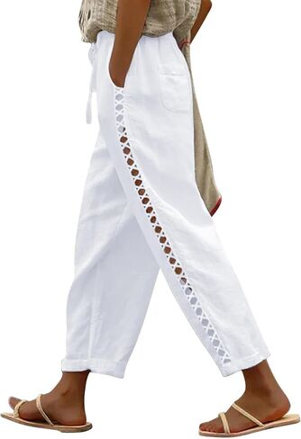 بنطال PIDOGYM نسائي من الكتان كابري، بنطال صيفي كاجوال خفيف الوزن مع خصر مطاطي برباط in Kuwait