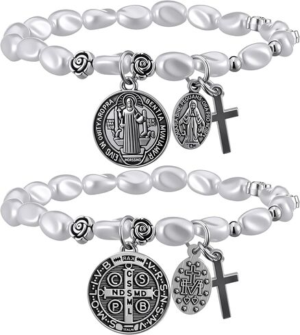Quelay 2 Pcs Saint Benedict Medal Bracelets with Natural Pearls Adjustable Catholic Rosary Bracelet for Women Saint Benedict Medal Gifts Medalla Recuerdos De Bautizo Para Baroque Women Jewelry Gifts in Saudi Arabia