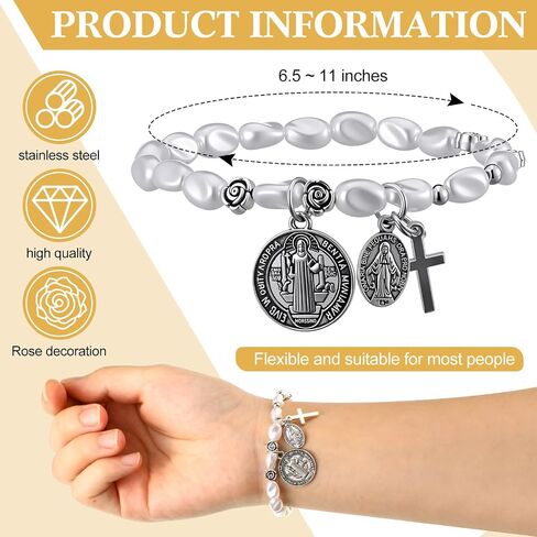 Quelay 2 Pcs Saint Benedict Medal Bracelets with Natural Pearls Adjustable Catholic Rosary Bracelet for Women Saint Benedict Medal Gifts Medalla Recuerdos De Bautizo Para Baroque Women Jewelry Gifts in Saudi Arabia