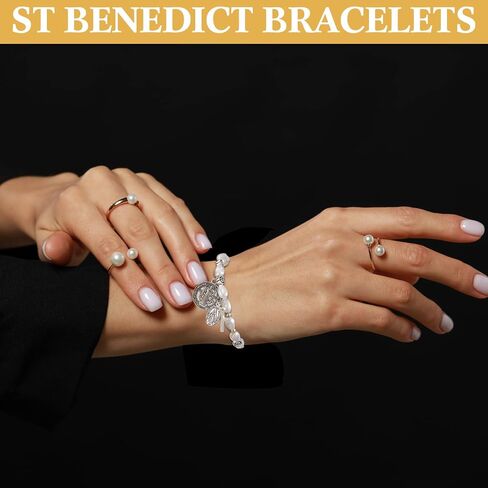 Quelay 2 Pcs Saint Benedict Medal Bracelets with Natural Pearls Adjustable Catholic Rosary Bracelet for Women Saint Benedict Medal Gifts Medalla Recuerdos De Bautizo Para Baroque Women Jewelry Gifts in Saudi Arabia