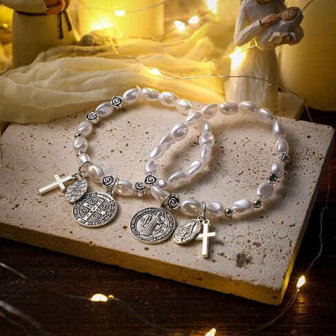 Quelay 2 Pcs Saint Benedict Medal Bracelets with Natural Pearls Adjustable Catholic Rosary Bracelet for Women Saint Benedict Medal Gifts Medalla Recuerdos De Bautizo Para Baroque Women Jewelry Gifts in Saudi Arabia