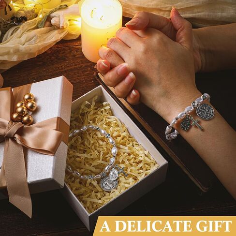 Quelay 2 Pcs Saint Benedict Medal Bracelets with Natural Pearls Adjustable Catholic Rosary Bracelet for Women Saint Benedict Medal Gifts Medalla Recuerdos De Bautizo Para Baroque Women Jewelry Gifts in Saudi Arabia