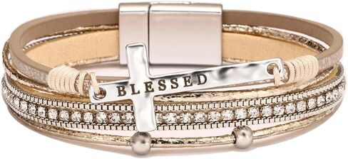 COLORFUL BLING Religious Cross Engraved Blessed Faux Leather Wrap Bracelet for Women Multi-Layer Boho Crystal Beaded Cuff Bangle Bracelet Christian Jewelry Gift-E khaki in Saudi Arabia