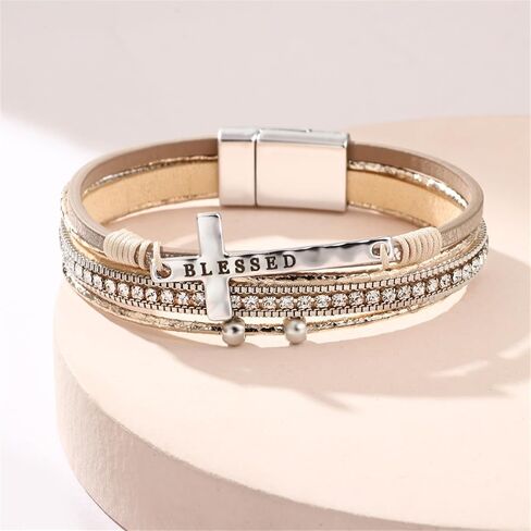 COLORFUL BLING Religious Cross Engraved Blessed Faux Leather Wrap Bracelet for Women Multi-Layer Boho Crystal Beaded Cuff Bangle Bracelet Christian Jewelry Gift-E khaki in Saudi Arabia