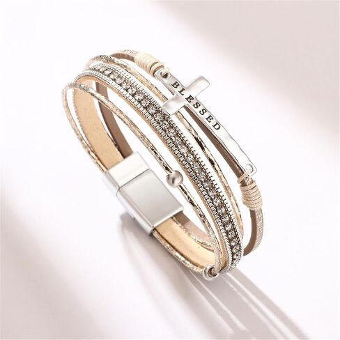 COLORFUL BLING Religious Cross Engraved Blessed Faux Leather Wrap Bracelet for Women Multi-Layer Boho Crystal Beaded Cuff Bangle Bracelet Christian Jewelry Gift-E khaki in Saudi Arabia