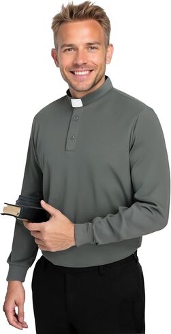 Men's Clergy Tab Collar Polo Shirt Long Sleeve Pastor Minister Preacher Shirt Priest Tops in Kuwait