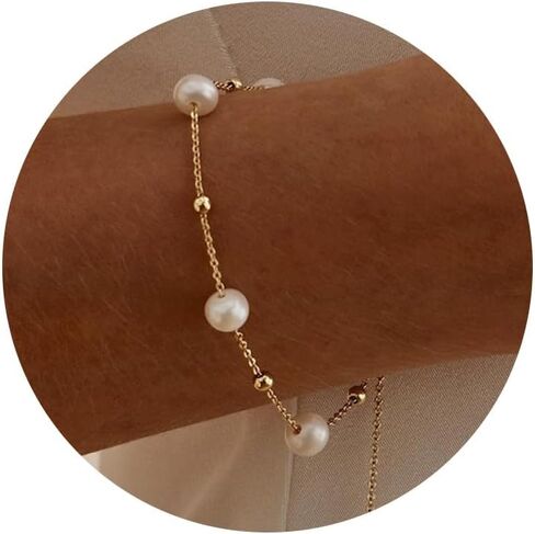 Pearl Gold Bracelets for Women Non Tarnish -14k Real Gold Plated Charm Beaded Bracelets White Brides Bridesmaid Wedding Dainty Pearl Bracelet Gold Jewelry for Women Accesory Birthday Gifts in Saudi Arabia