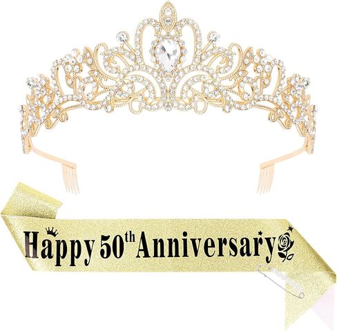 YARIEW 50th Anniversary Decorations, Gold Crown and Happy 50th Anniversary Sash Set, Tiara Crown Sash for 50th Wedding Anniversary Decorations for Party Gifts for Women in Saudi Arabia