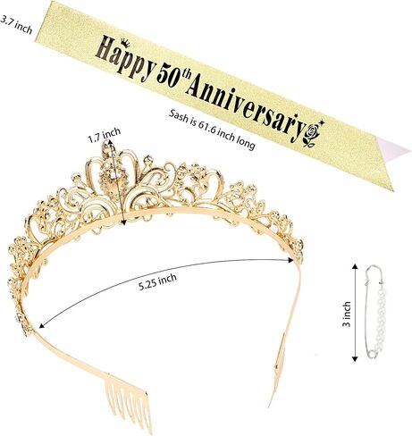 YARIEW 50th Anniversary Decorations, Gold Crown and Happy 50th Anniversary Sash Set, Tiara Crown Sash for 50th Wedding Anniversary Decorations for Party Gifts for Women in Saudi Arabia