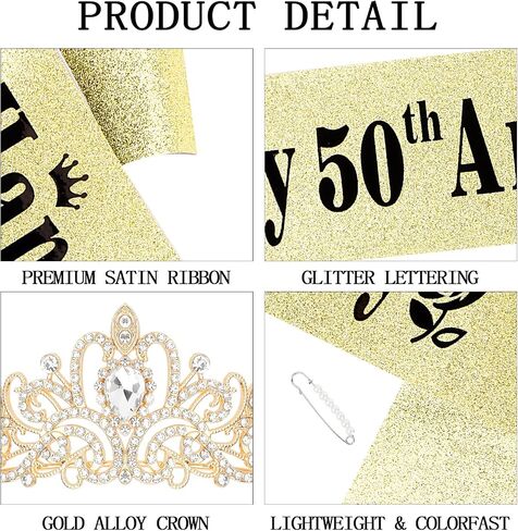 YARIEW 50th Anniversary Decorations, Gold Crown and Happy 50th Anniversary Sash Set, Tiara Crown Sash for 50th Wedding Anniversary Decorations for Party Gifts for Women in Saudi Arabia