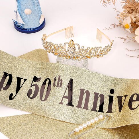 YARIEW 50th Anniversary Decorations, Gold Crown and Happy 50th Anniversary Sash Set, Tiara Crown Sash for 50th Wedding Anniversary Decorations for Party Gifts for Women in Saudi Arabia