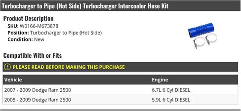 طقم خرطوم المبرد الداخلي للشاحن التوربيني الجانبي الساخن من Turbo to Pipe - متوافق مع 2005-2009 Dodge Ram 2500 5.9L 6.7L Turbo Diesel in Saudi Arabia