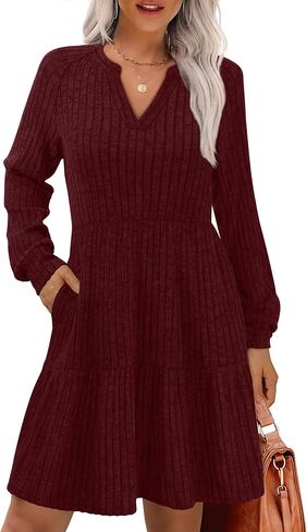 IWD Womens V Neck Long Sleeve Dress with Pockets Casual A-Line Knee Length Fall Knit Sweater Dresses 2025 in Saudi Arabia