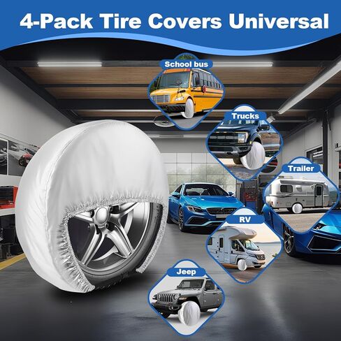 مجموعة أغطية إطارات Trailers Rv مكونة من 4 قطع، غطاء واقي العجلة للمقطورة، والتخييم، والشاحنة، وRvs، ومقطورة القارب - أغطية العجلات المقاومة للأشعة فوق البنفسجية في جميع الأحوال الجوية، وإبزيم قفل مقاوم للرياح (قطر الإطار 27 بوصة - 29 بوصة، فضي) in Kuwait