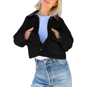 APAFES Women's Cropped Barn Jacket Corduroy Collar Button Down Long Sleeve Short Coat with Pockets in Kuwait