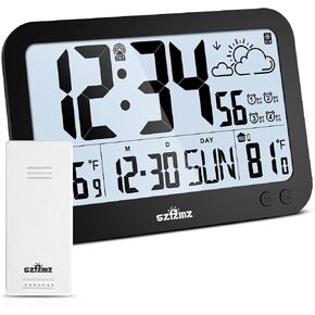 Atomic Clock,10" Digital Clock Large Display, Wall Clocks Battery Operated with Backlight, Wireless Outdoor Sensor, Alarm Clock Indoor Outdoor Temp, 4 Time Zones, Auto DST, Clock for Bedroom (Black) in Kuwait