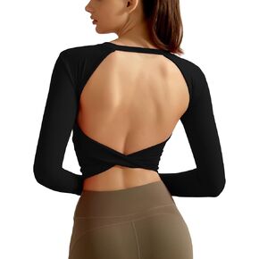 Yvette Womens Backless Long Sleeve Crop Tops Slim Fit Shirts for Yoga in Kuwait