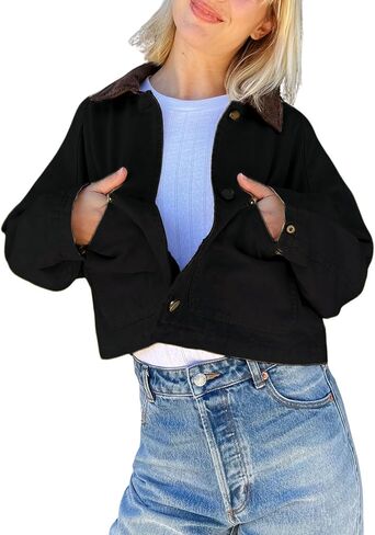 APAFES Women's Cropped Barn Jacket Corduroy Collar Button Down Long Sleeve Short Coat with Pockets in Kuwait