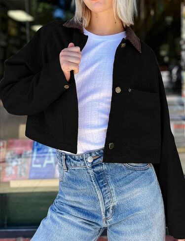 APAFES Women's Cropped Barn Jacket Corduroy Collar Button Down Long Sleeve Short Coat with Pockets in Kuwait