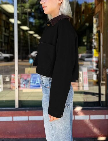 APAFES Women's Cropped Barn Jacket Corduroy Collar Button Down Long Sleeve Short Coat with Pockets in Kuwait