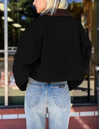 APAFES Women's Cropped Barn Jacket Corduroy Collar Button Down Long Sleeve Short Coat with Pockets in Kuwait