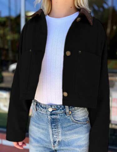 APAFES Women's Cropped Barn Jacket Corduroy Collar Button Down Long Sleeve Short Coat with Pockets in Kuwait