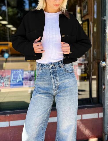 APAFES Women's Cropped Barn Jacket Corduroy Collar Button Down Long Sleeve Short Coat with Pockets in Kuwait