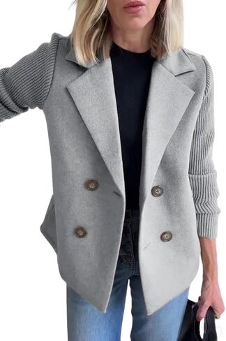 utcoco Women's Double Breasted Blazer Knit Sleeve Patchwork Casual Notch Long Sleeve Jacket Outwear in Saudi Arabia