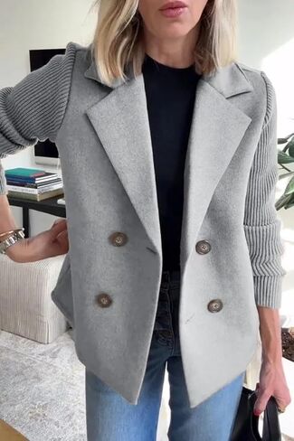 utcoco Women's Double Breasted Blazer Knit Sleeve Patchwork Casual Notch Long Sleeve Jacket Outwear in Saudi Arabia