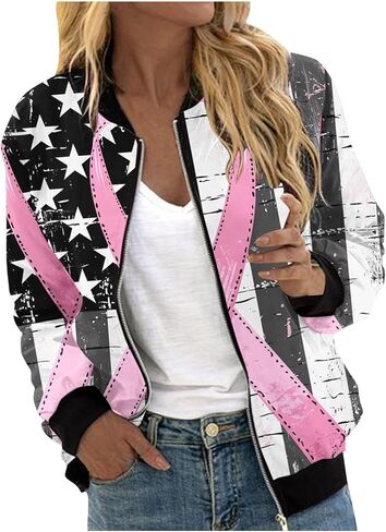 Zip Up Jackets for Women Pink Ribbon Print October Breast Cancer Awareness Jacket Coats Lightweight Casual Outerwear in Saudi Arabia
