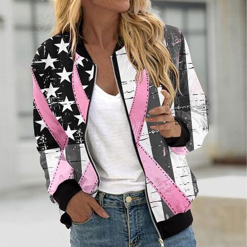 Zip Up Jackets for Women Pink Ribbon Print October Breast Cancer Awareness Jacket Coats Lightweight Casual Outerwear in Saudi Arabia