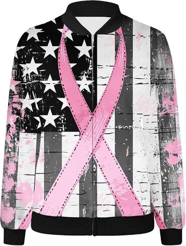 Zip Up Jackets for Women Pink Ribbon Print October Breast Cancer Awareness Jacket Coats Lightweight Casual Outerwear in Saudi Arabia