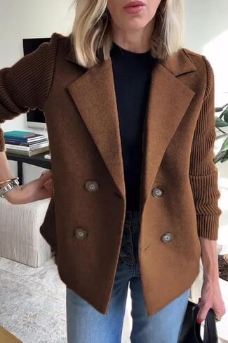 سترة نسائية من utcoco مزدوجة الصدر بأكمام طويلة ومرقعة كاجوال بأكمام طويلة ملابس خارجية in Kuwait