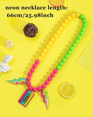 Ronglry 80s تتسابق زي الملحقات للنساء 80s قلادة النيون الخرز القلائد لتوهج حزب الخرز القلائد مع البرق / الشريط النيون المجوهرات للنساء 80's حزب زينة تفضل in Kuwait